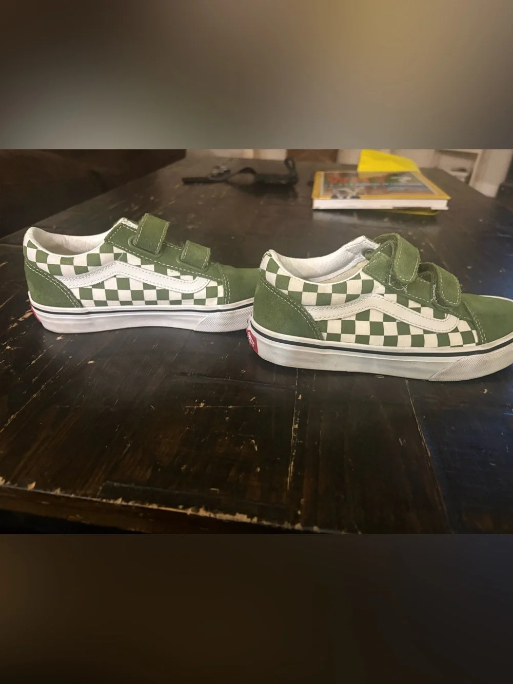 Vans Kids Green and White Checkerboard Velcro Sneakers